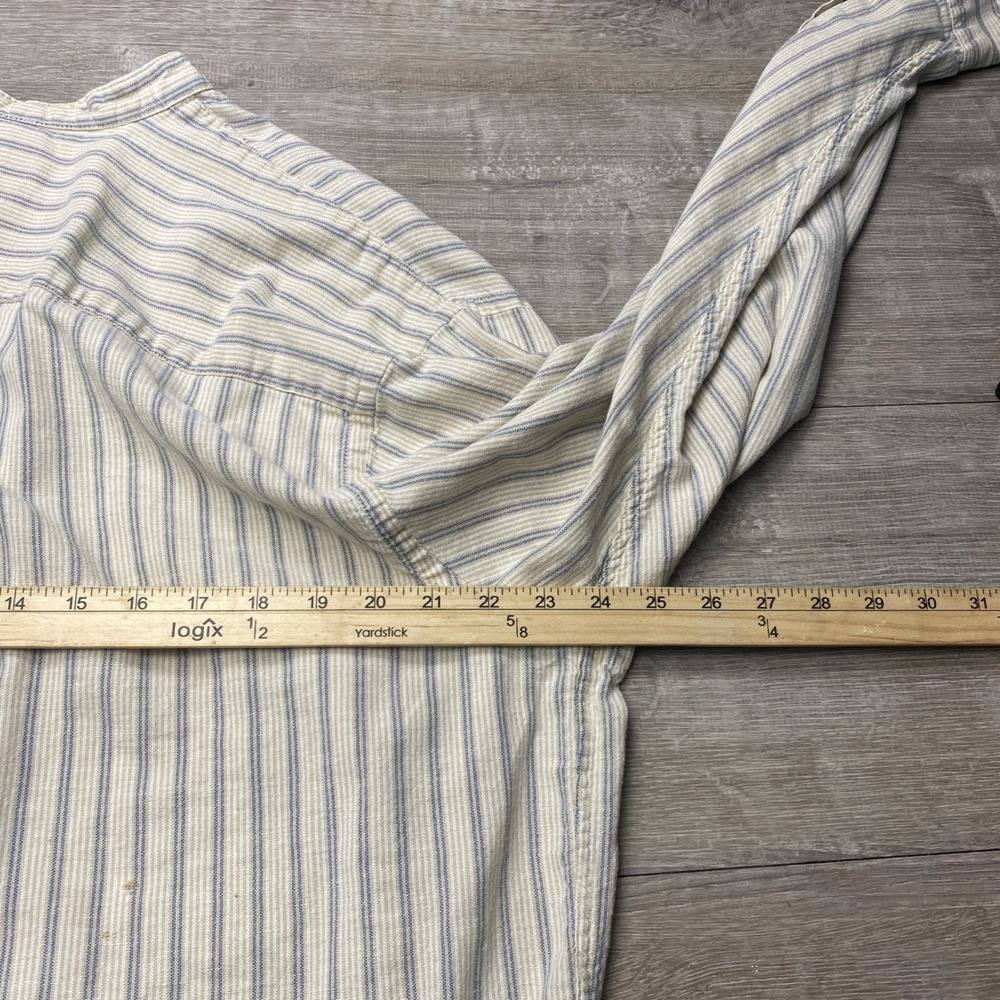 Britches Shirt Men L Beige Blue Striped Cotton Linen Band Collar USA Grandfather - Picture 7 of 8